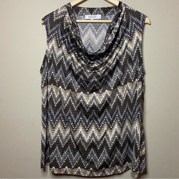 Kasper Shell Tank Women 1X Brown Tan Chevron Zig Zag Drape Neck Sleeveless - Picture 1 of 6
